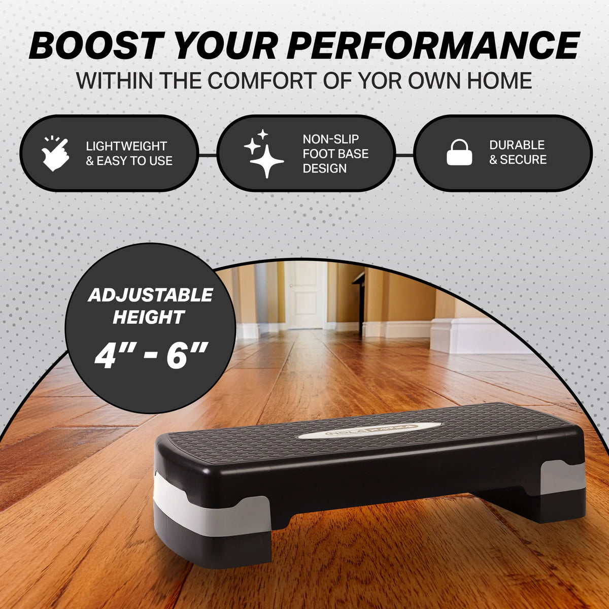 Adjustable Step Aerobics Platform, 4 to 6 in Height, Black