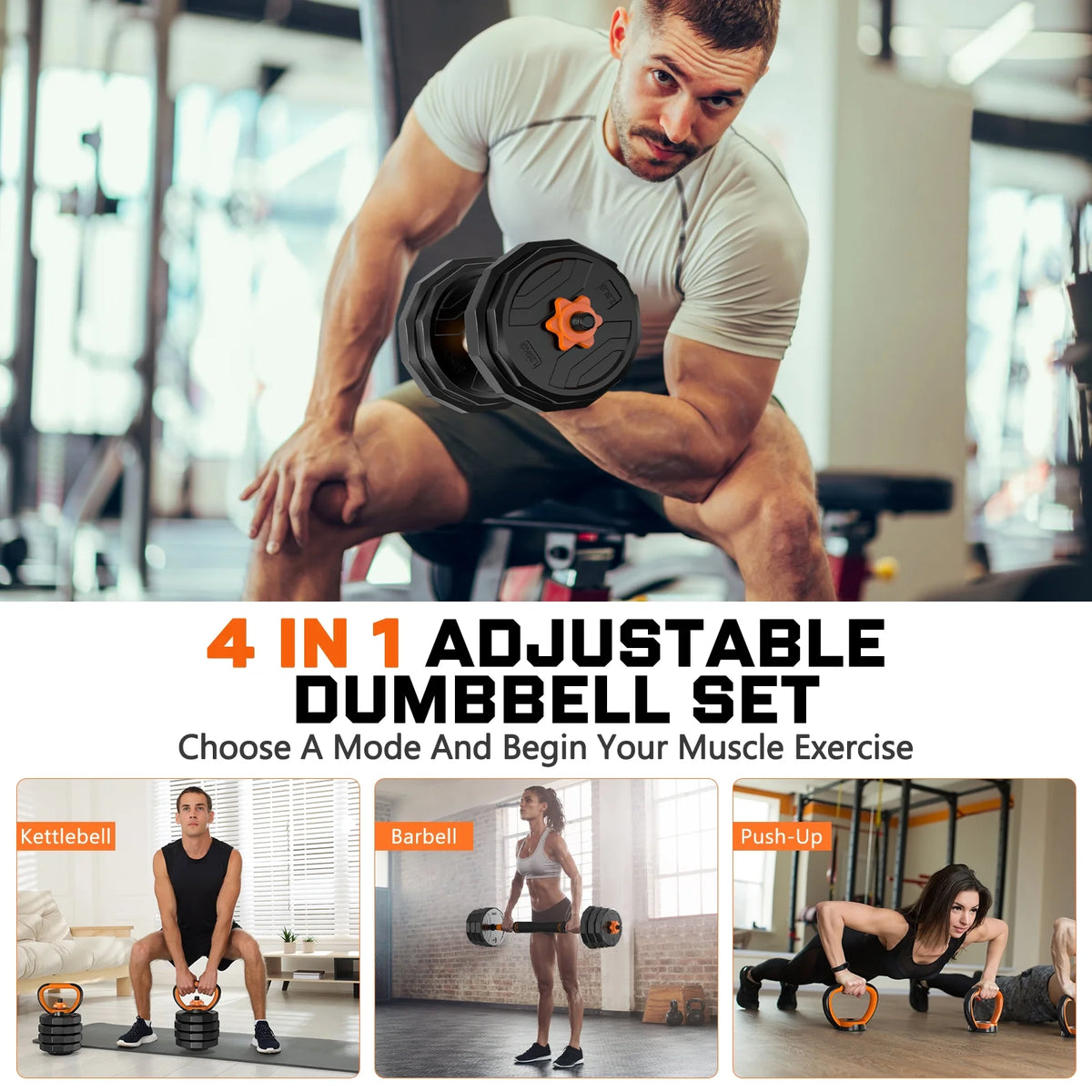 66 lb 4-in-1 Adjustable Dumbbell Set - Versatile Free Weights for Barbell, Kettlebell, and Push-Up Stand Exercises, Ideal for Home Gym Fitness for Men and Women