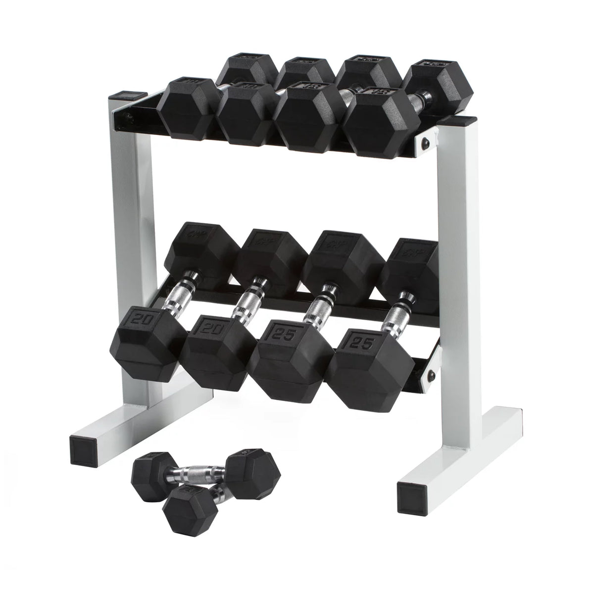 150 lb Coated Hex Dumbbell Weight Set (5-25 lb) with White Storage Rack