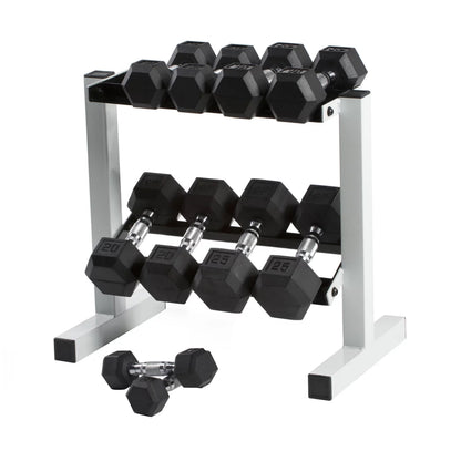 150 lb Coated Hex Dumbbell Weight Set (5-25 lb) with White Storage Rack
