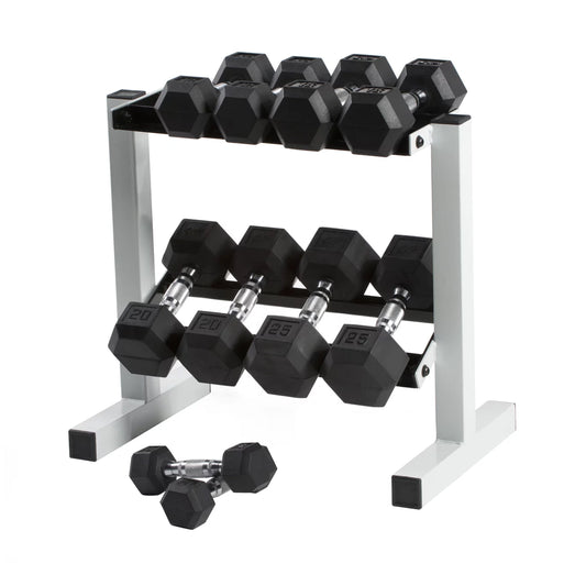 150 lb Coated Hex Dumbbell Weight Set (5-25 lb) with White Storage Rack