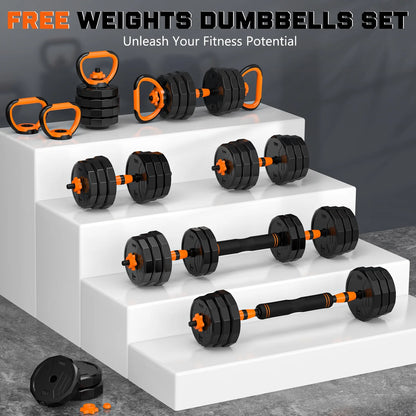 66 lb 4-in-1 Adjustable Dumbbell Set - Versatile Free Weights for Barbell, Kettlebell, and Push-Up Stand Exercises, Ideal for Home Gym Fitness for Men and Women