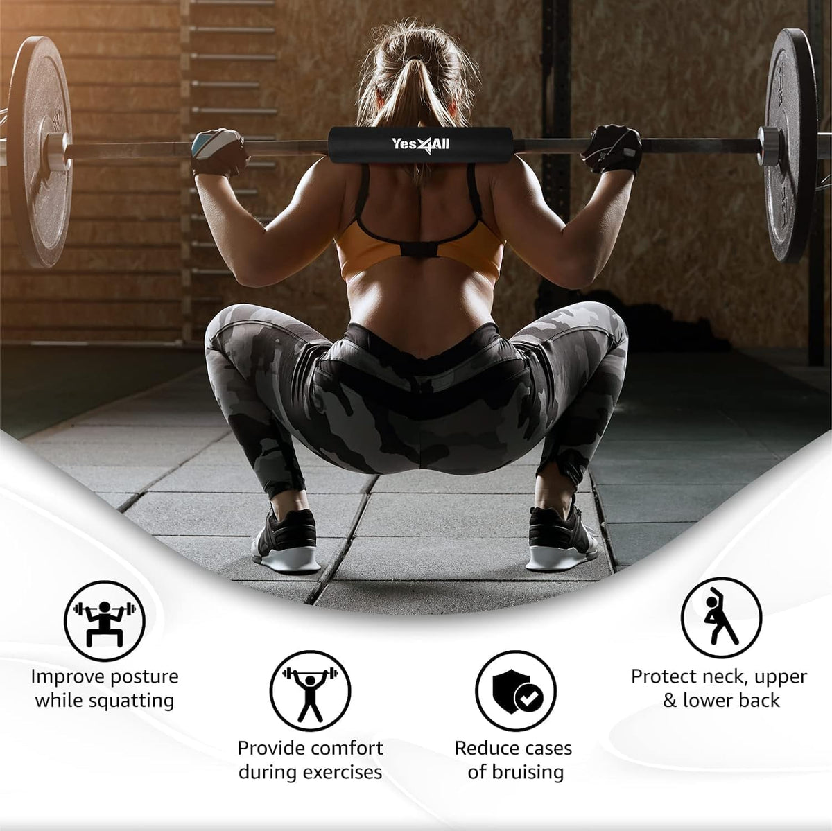 Yes4All Ergonomic Foam Bar Pad for Olympic Barbells - Ideal for Squats, Hip Thrusts, and Weight Lifting