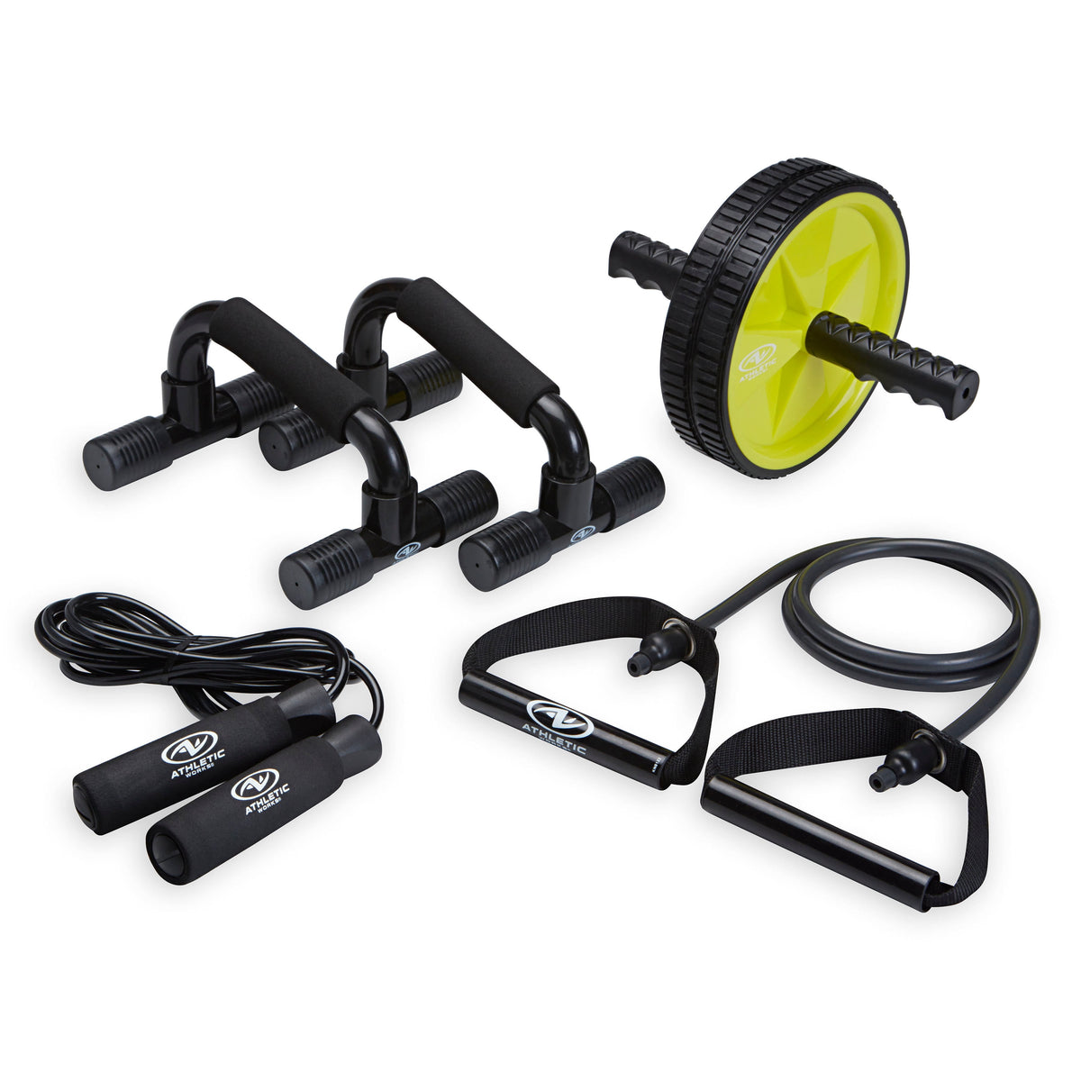 Comprehensive Home Gym Kit: Resistance Tubes, Ab Wheel, Jump Rope, and Push-Up Bars Included