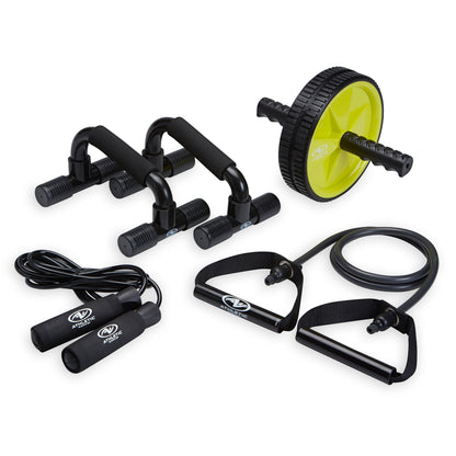 Comprehensive Home Gym Kit: Resistance Tubes, Ab Wheel, Jump Rope, and Push-Up Bars Included